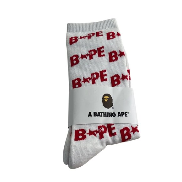 A Bathing Ape Bape Sta Socks L Red White Logo Pattern Cotton Blend - Picture 1 of 4